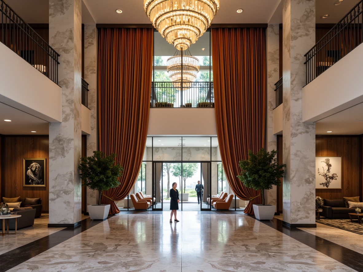 Prompt: Grand entrance, luxurious chandelier, high ceiling, marble flooring, polished metal doors, elegant wood paneling, sophisticated stone walls, modern minimalist decor, sleek glass railings, dramatic curtain drapes, vibrant colorful accents, ornate metalwork details, warm inviting lighting, shallow depth of field, 1/1 composition, realistic textures, ambient occlusion.