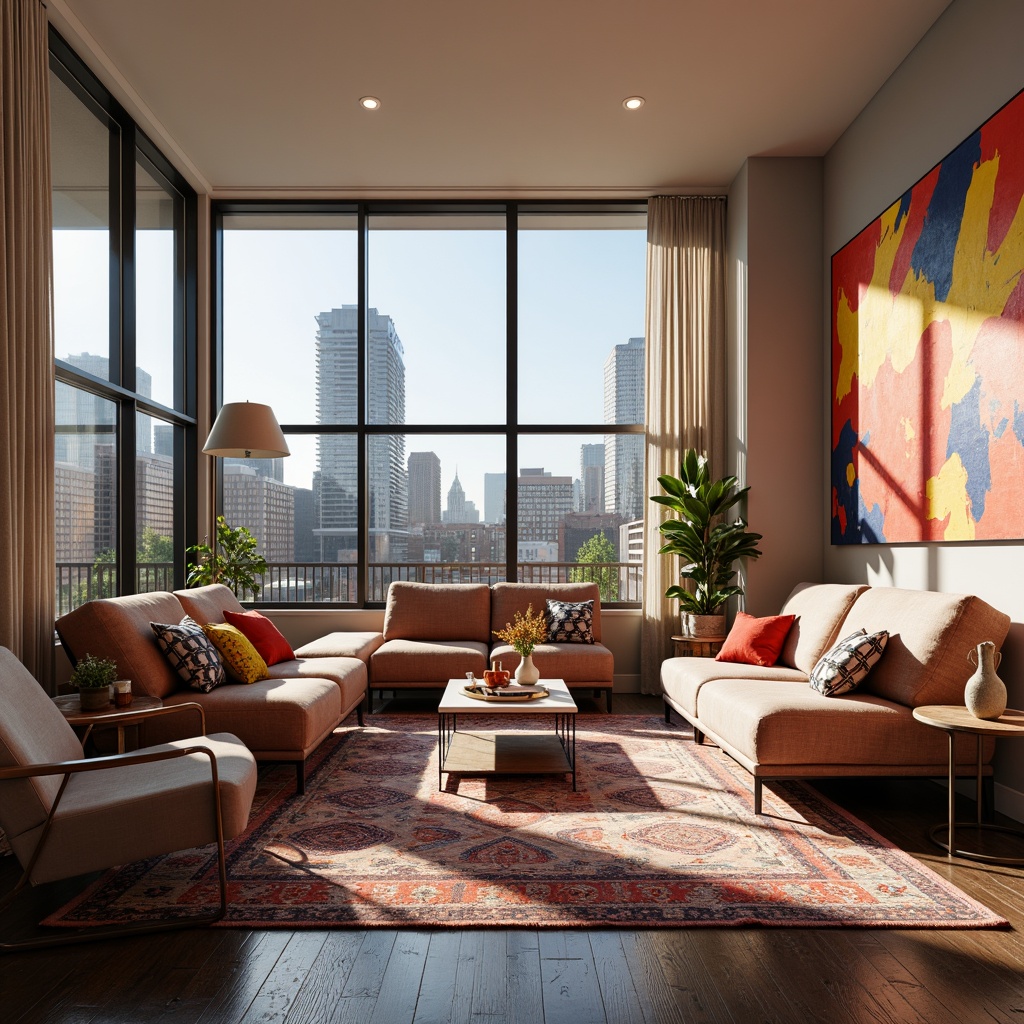 Prompt: Vibrant apartment interior, eclectic furniture selection, bold color palette, abstract artwork, plush area rugs, low-profile sofas, minimalist coffee tables, sleek metal chairs, reclaimed wood accents, industrial-chic lighting fixtures, textured throw pillows, geometric-patterned blankets, modern sculptures, floor-to-ceiling windows, natural light pouring in, urban cityscape views, afternoon sunbeams, shallow depth of field, 1/1 composition, realistic textures, ambient occlusion.