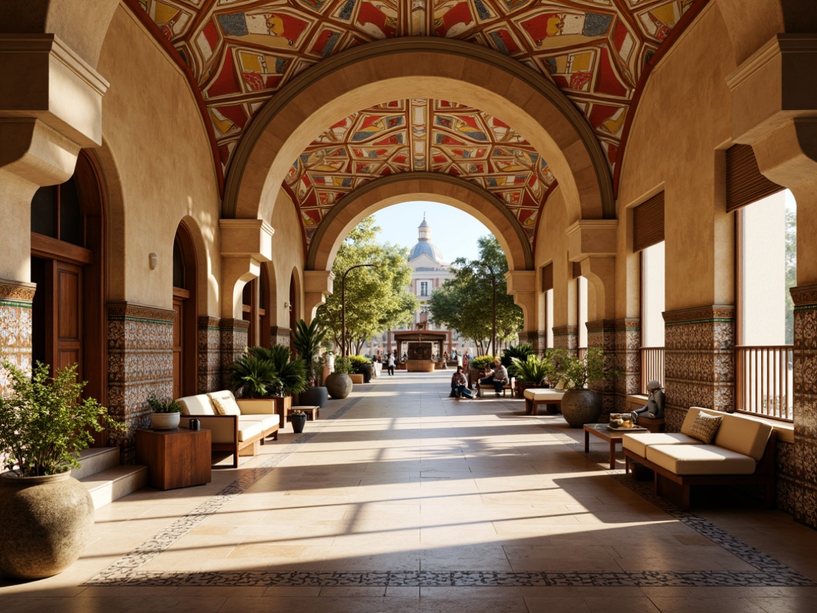 Prompt: Vibrant Mediterranean metro station, curved archways, ornate tile work, wrought iron railings, grand staircases, high ceilings, natural stone floors, warm beige walls, large windows, intricate mosaics, colorful ceramics, rustic wooden accents, soft warm lighting, atmospheric ambiance, 1/1 composition, realistic textures, ambient occlusion.