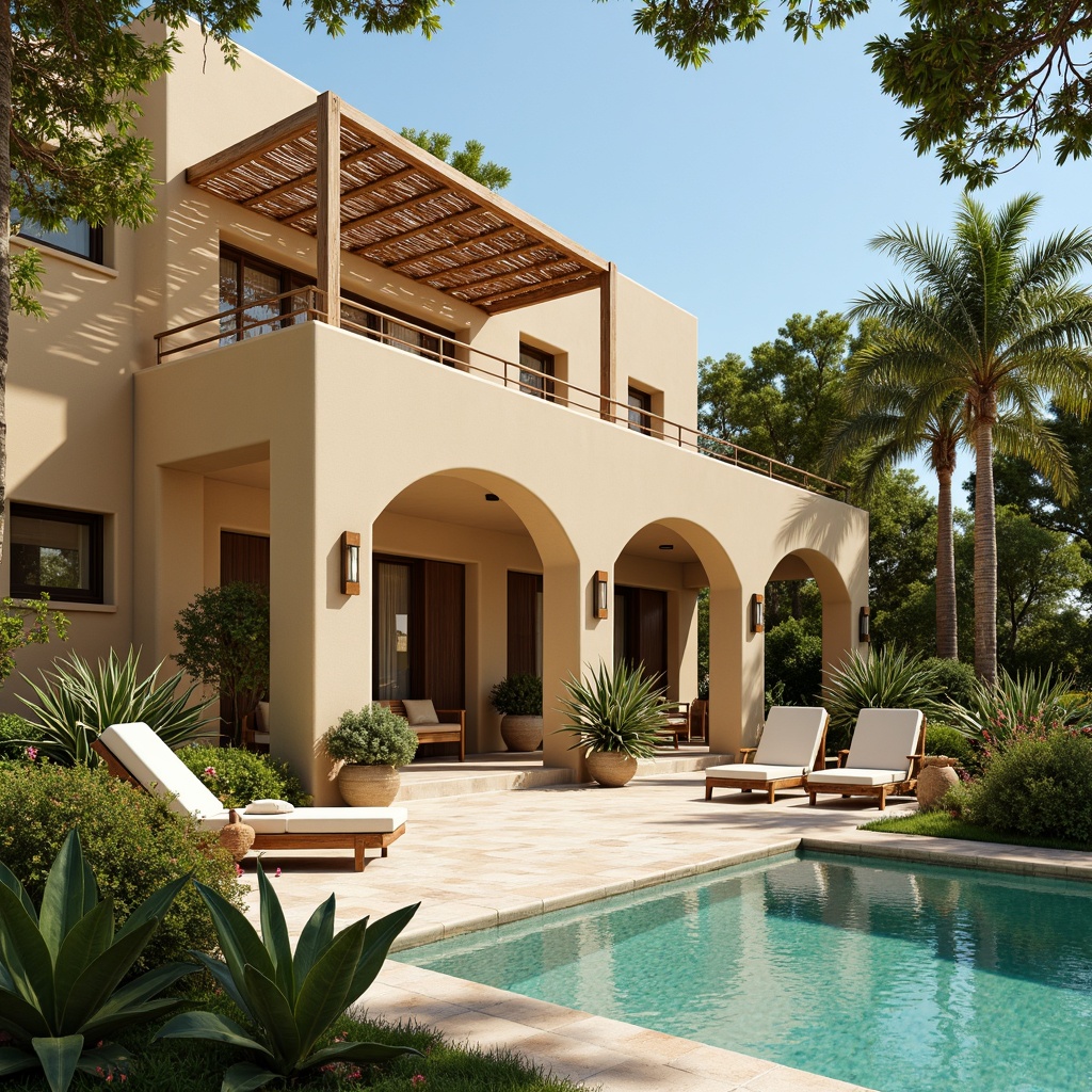 Prompt: Luxurious villa, Mediterranean style, warm beige walls, soft creamy accents, lush green gardens, turquoise pool waters, wooden outdoor furniture, natural stone flooring, elegant archways, grand entrance doors, ornate decorations, vibrant floral arrangements, sunny day, warm golden lighting, shallow depth of field, 3/4 composition, realistic textures, ambient occlusion.