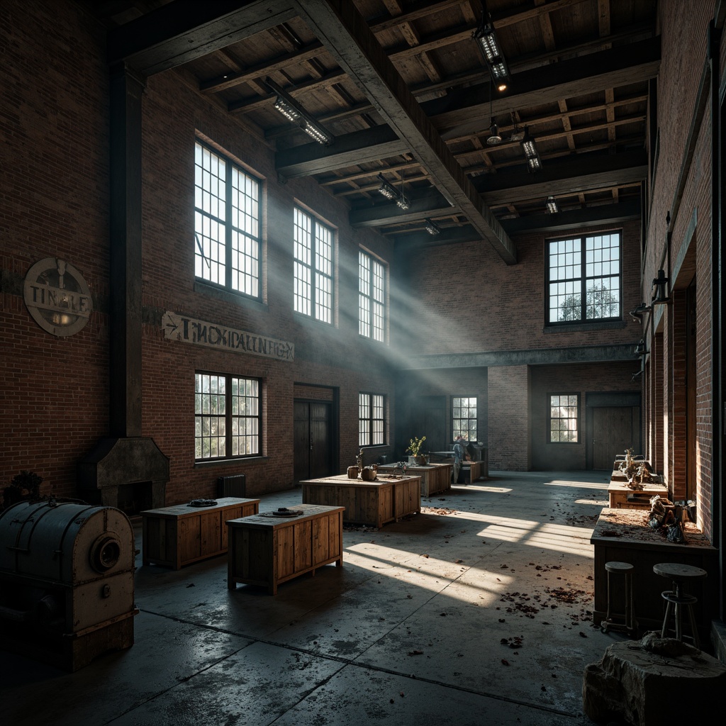 Prompt: Abandoned warehouse, distressed brick walls, rusty metal beams, worn wooden crates, faded industrial signs, dimly lit atmosphere, eerie shadows, mysterious ambiance, exposed ductwork, vintage machinery, reclaimed wood accents, industrial chic aesthetic, edgy modern furniture, moody color palette, dramatic spotlights, high contrast ratio, cinematic composition, atmospheric fog effects, intricate texture details.