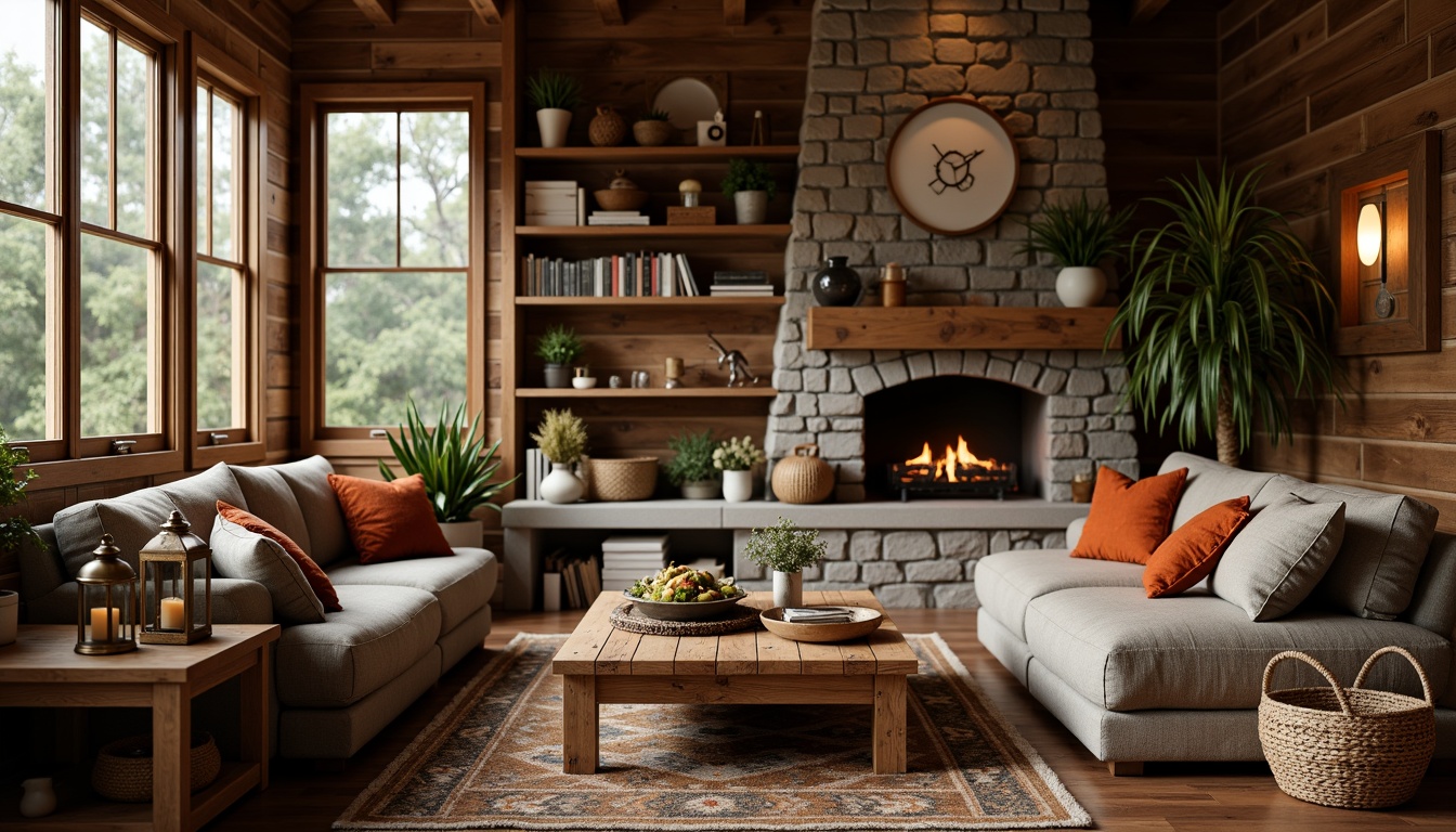 Prompt: Cozy living room, wooden paneling, stone fireplace, comfortable sectional sofa, plush throw pillows, rustic wooden coffee table, vintage metal lanterns, natural fiber rugs, earthy color palette, warm ambient lighting, shallow depth of field, 3/4 composition, realistic textures, ambient occlusion.