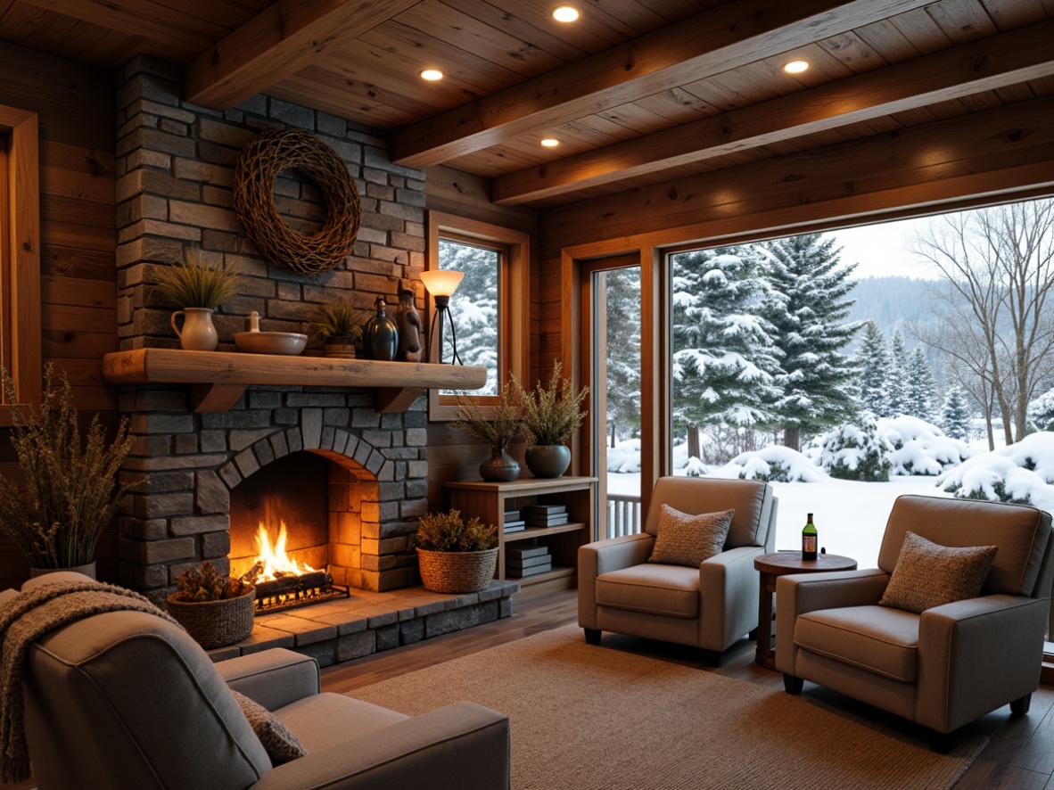 Prompt: Cozy cabin, rustic wooden walls, stone fireplace, crackling flames, warm golden lighting, plush armchairs, soft cashmere blankets, woven baskets, vintage decorations, earthy tones, nature-inspired accents, snow-covered trees, frozen lake scenery, peaceful winter wonderland, shallow depth of field, 1/1 composition, warm color palette, inviting textures, ambient occlusion.