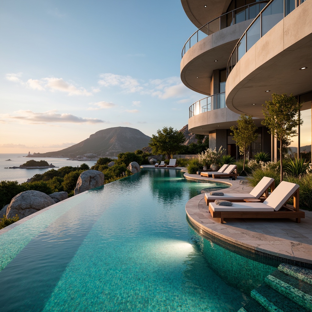 Prompt: Luxurious poolside area, sleek modern architecture, curvaceous lines, glass tile mosaics, turquoise water, sunken lounges, infinity edge, waterfall features, natural stone coping, stainless steel railings, ambient LED lighting, warm golden hour, shallow depth of field, 1/1 composition, symmetrical reflections, realistic water ripples, detailed rock formations.