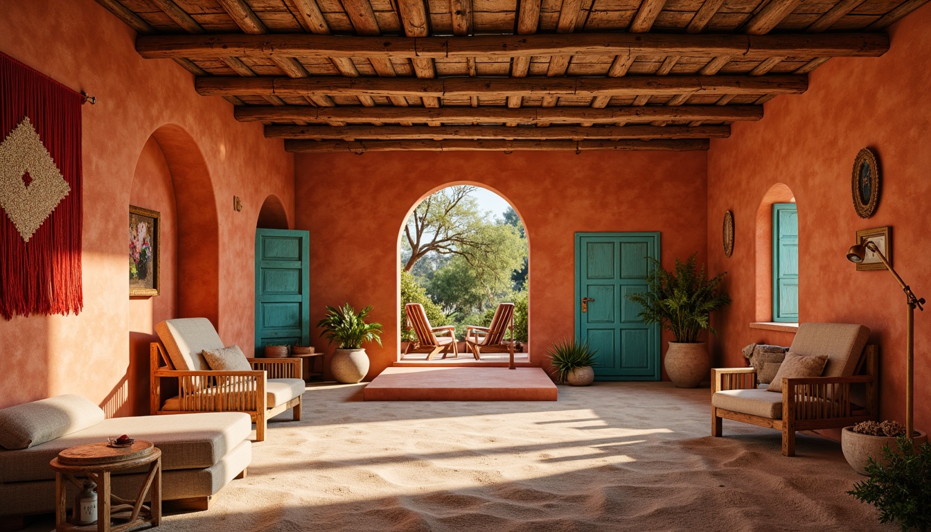 Prompt: Earthy amphitheater-inspired interior, warm terracotta walls, sandy beige floors, turquoise accents, vibrant coral hues, rustic wooden beams, natural stone columns, woven textiles, geometric patterns, Native American-inspired motifs, cozy ambient lighting, soft warm glow, shallow depth of field, 3/4 composition, realistic textures, ambient occlusion.