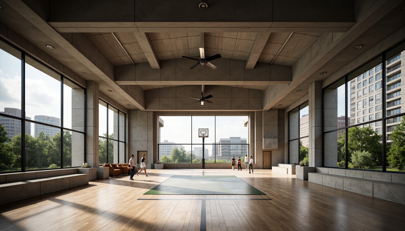 Prompt: Rustic gymnasium, brutalist architecture, exposed concrete walls, industrial steel beams, polished wooden floors, minimal ornamentation, natural light pouring in, large windows, open spaces, airy atmosphere, modern sports equipment, basketball hoops, tennis courts, athletic tracks, spectator seating, raw metal railings, urban landscape views, cloudy sky, soft diffused lighting, shallow depth of field, 2/3 composition, cinematic framing.