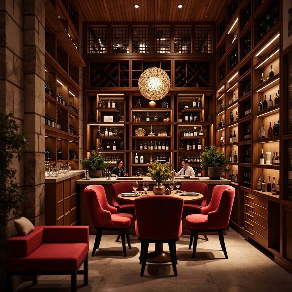 Prompt: Elegant wine cellar, rich wooden tones, deep crimson reds, warm golden lighting, rustic stone walls, sophisticated glass racks, luxurious velvet textiles, refined metal accents, intimate ambiance, soft focus blur, shallow depth of field, 1/1 composition, moody atmosphere, dramatic shadows, realistic wood grain textures, ambient occlusion.