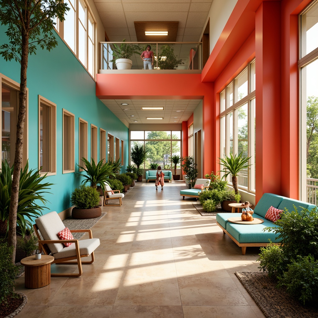 Prompt: Vibrant healthcare center, eclectic style, bold color palette, bright coral walls, turquoise accents, warm beige floors, natural wood tones, playful polka dot patterns, whimsical artwork, modern furniture pieces, sleek metal frames, lush greenery, abundant plants, calming water features, soothing soundscapes, warm sunny lighting, shallow depth of field, 1/1 composition, realistic textures, ambient occlusion.