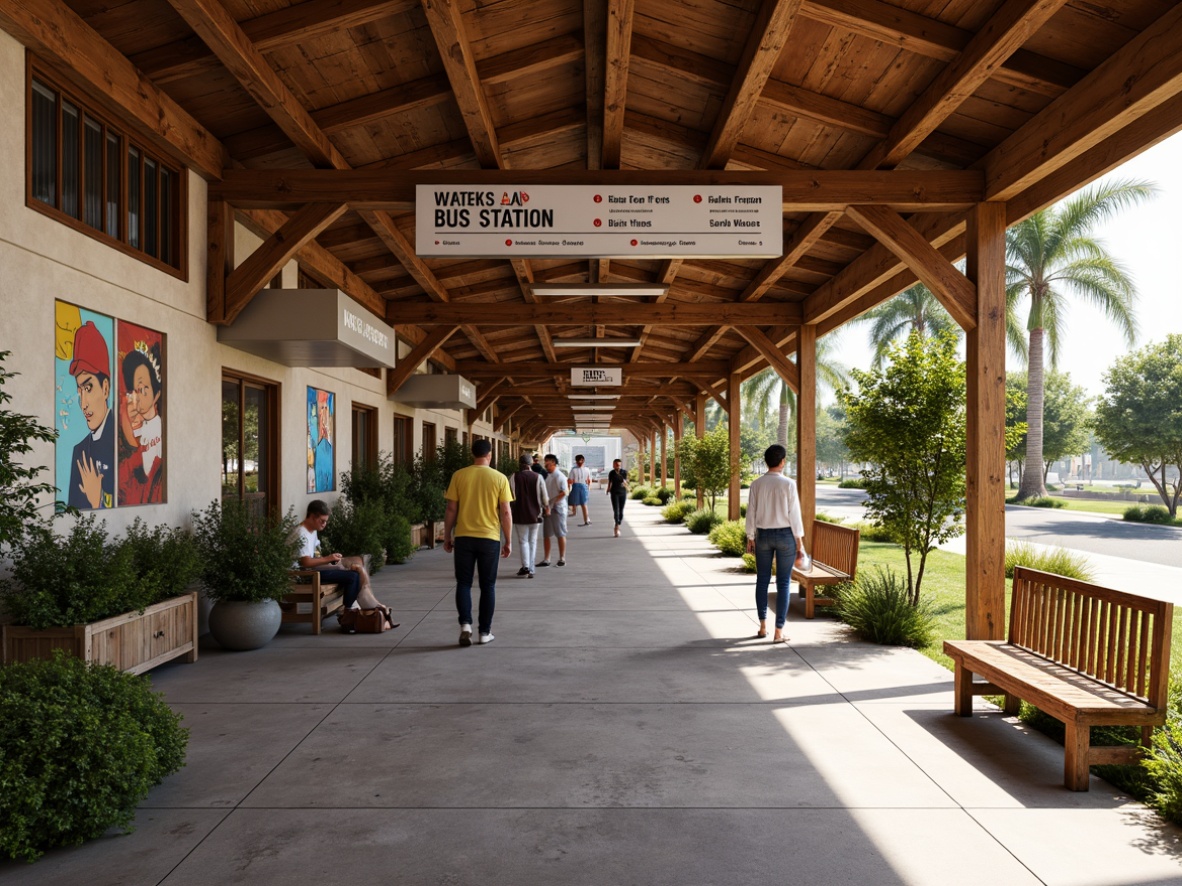 Prompt: Rustic bus station, earthy tones, natural materials, wooden benches, vibrant local artwork, clear signage, easy navigation, intuitive wayfinding, bold typography, bright color scheme, overhead lighting, shallow depth of field, 1/1 composition, realistic textures, ambient occlusion, bustling atmosphere, morning commute, warm sunny day.