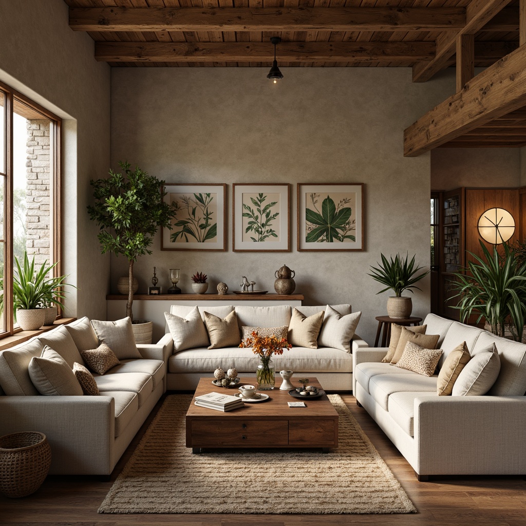 Prompt: Cozy living room, textured walls, earthy tone colors, natural stone accents, warm ambient lighting, plush furniture, soft cushions, wooden floorboards, rustic decorative items, vintage accessories, nature-inspired artwork, botanical prints, greenery, potted plants, organic shapes, eclectic styling, mix-and-match patterns, tactile surfaces, inviting atmosphere, shallow depth of field, 1/1 composition, realistic textures, ambient occlusion.