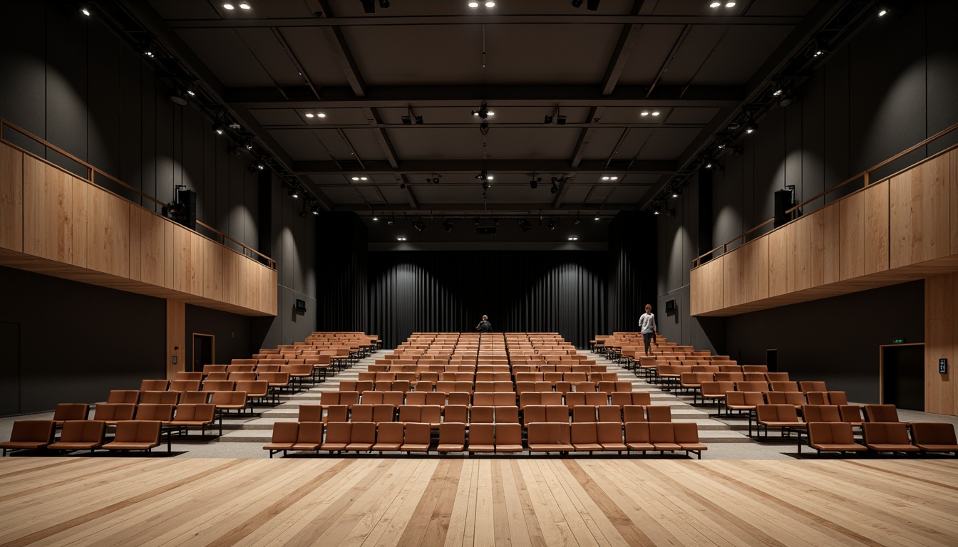 Prompt: Minimalist theater interior, rectangular seating arrangement, angular lines, industrial metal chairs, leather upholstery, simple wooden floors, geometric patterns, functional lighting design, adjustable spotlights, neutral color palette, black stage curtains, minimalist proscenium arch, open backstage area, visible technical infrastructure, exposed ductwork, functional aesthetics, brutalist architecture influences, 3/4 composition, shallow depth of field, high-contrast lighting, dramatic shadows.