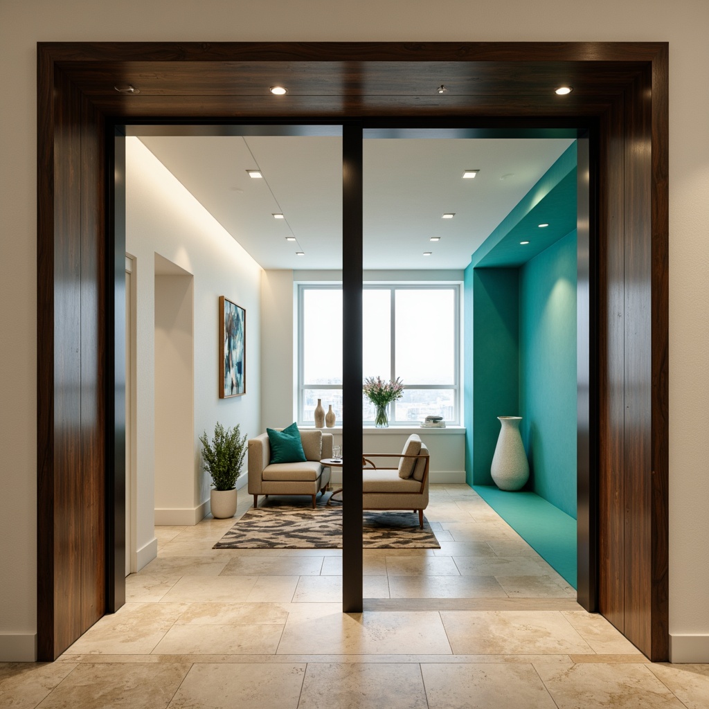 Prompt: Modern entrance design, sleek glass doors, polished metal hardware, minimalist decor, creamy white walls, dark wood accents, bold color blocking, vibrant turquoise highlights, rich charcoal grey tones, warm beige flooring, natural stone textures, geometric patterned rugs, ambient LED lighting, softbox illumination, shallow depth of field, 3/4 composition, realistic reflections.