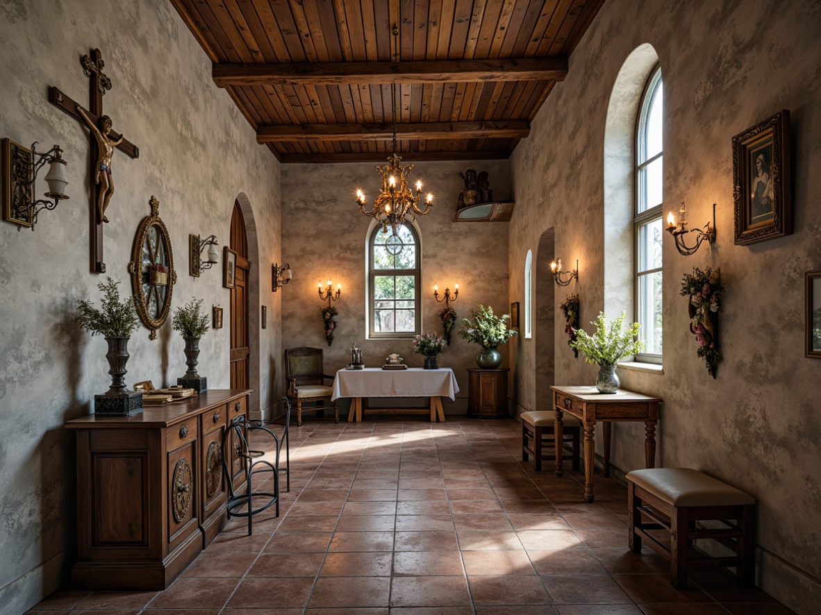 Prompt: Distressed stone walls, worn wooden accents, vintage religious ornaments, soft pastel hues, delicate florals, ornate metalwork, distressed finishes, rustic textures, warm candlelight, stained glass windows, intricate mosaics, subtle frescoes, weathered crucifixes, faded tapestries, elegant archways, ornate pillars, subtle gilding, romantic chandeliers, serene ambiance, soft focus, warm color palette.