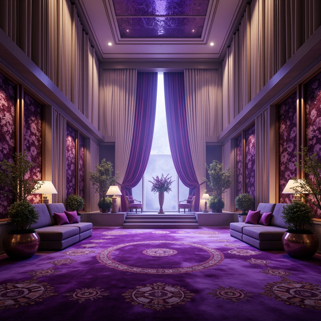 Prompt: Rich amethyst gemstones, luxurious velvet fabrics, regal purple hues, subtle lavender undertones, soft blush accents, creamy whites, warm beige neutrals, metallic bronze highlights, intricate crystal patterns, ornate gold details, lavish drapery, opulent furnishings, grandiose architecture, dramatic lighting effects, cinematic composition, shallow depth of field, 1/2 camera angle, atmospheric fog, mystical ambiance.