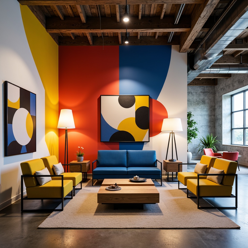 Prompt: Vibrant Bauhaus interior, bold color accents, geometric shapes, industrial materials, exposed ductwork, concrete floors, steel beams, minimalist decor, functional furniture, tubular chairs, rectangular coffee tables, angular lamps, abstract artwork, primary color palette, bright yellow, deep blue, fire engine red, graphic patterns, diagonal lines, asymmetrical composition, high-contrast lighting, dramatic shadows, modernist vibe.