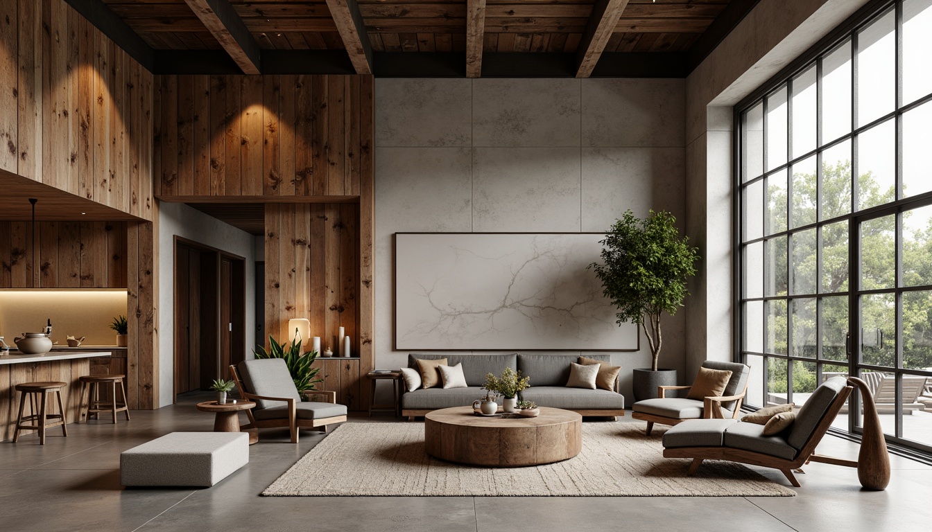 Prompt: Weathered wooden planks, rusted metal accents, polished concrete floors, tactile natural textiles, refined industrial materials, earthy color palette, organic shapes, minimal ornamentation, functional simplicity, soft warm lighting, shallow depth of field, 3/4 composition, realistic textures, ambient occlusion.