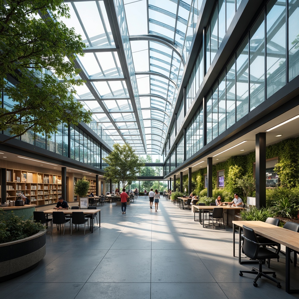 Prompt: Spacious science center interior, abundant natural lighting, floor-to-ceiling windows, transparent glass roofs, sleek metal frames, polished concrete floors, minimalist decor, flexible modular workstations, ergonomic chairs, collaborative learning spaces, interactive exhibits, futuristic laboratory equipment, green walls, living plants, soft warm illumination, shallow depth of field, 1/1 composition, panoramic view, realistic textures, ambient occlusion.