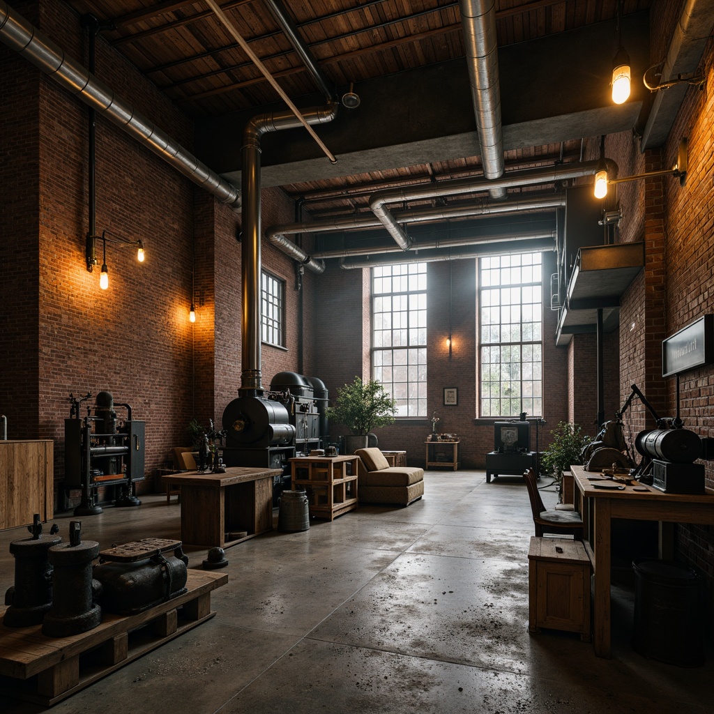 Prompt: Rustic factory setting, exposed brick walls, metal beams, industrial pipes, worn concrete floors, distressed wooden crates, vintage machinery, antique tools, reclaimed lumber, metallic railings, Edison bulb lighting, natural ventilation, urban decay, gritty textures, moody color palette, dramatic shadows, cinematic composition, atmospheric mist, realistic reflections.