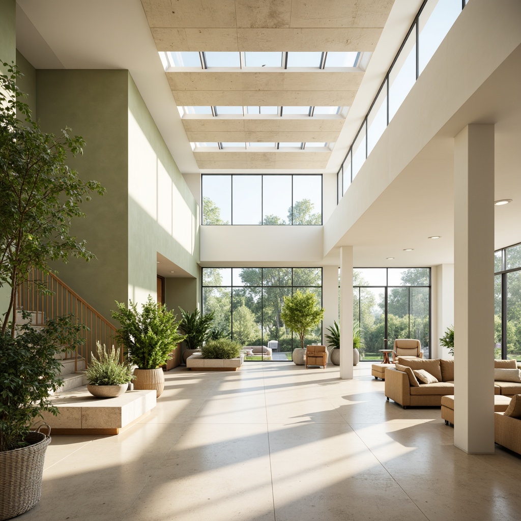 Prompt: Bright airy interior, large windows, sliding glass doors, minimal window frames, clerestory windows, skylights, light wells, reflective surfaces, pale color palette, matte finishes, reduced shading devices, open floor plans, minimalist decor, green walls, living plants, natural textiles, earthy tones, warm beige colors, soft diffused lighting, high ceilings, unobstructed views, 1/1 composition, shallow depth of field, realistic rendering.