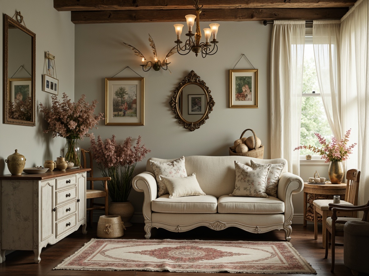 Prompt: Vintage distressed furniture, soft pastel colors, lace drapery, floral patterns, worn wooden floors, ornate mirrors, antique decorative items, feminine accents, rustic metalware, natural fabrics, billowy curtains, warm candlelight, shallow depth of field, 1/1 composition, romantic ambiance, whimsical textures, subtle color palette.