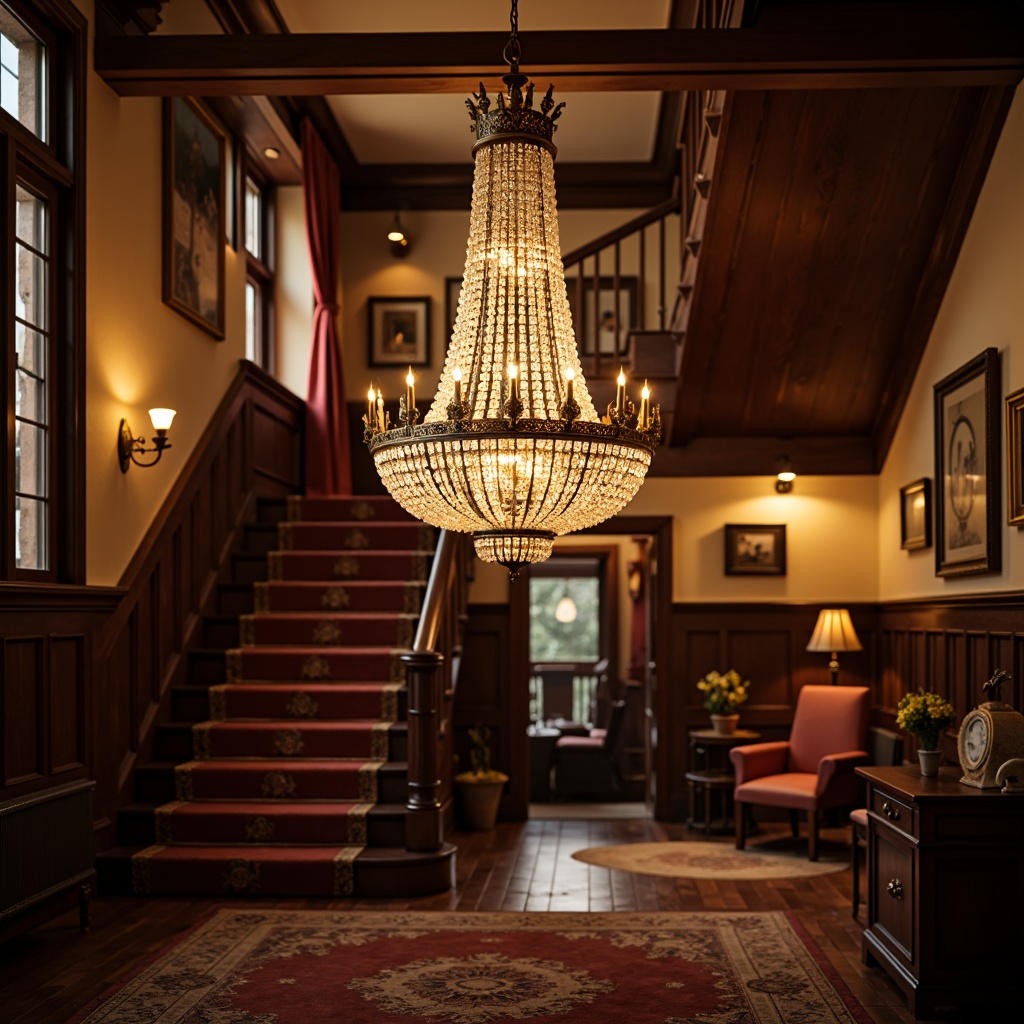 Prompt: Elegant chandelier, ornate metalwork, crystal droplets, warm golden lighting, soft warm glow, traditional English manor, rich wood paneling, classic furnishings, luxurious fabrics, velvet drapes, grand staircase, high ceilings, symmetrical composition, 1/2 camera angle, warm color palette, subtle shadows, realistic textures.