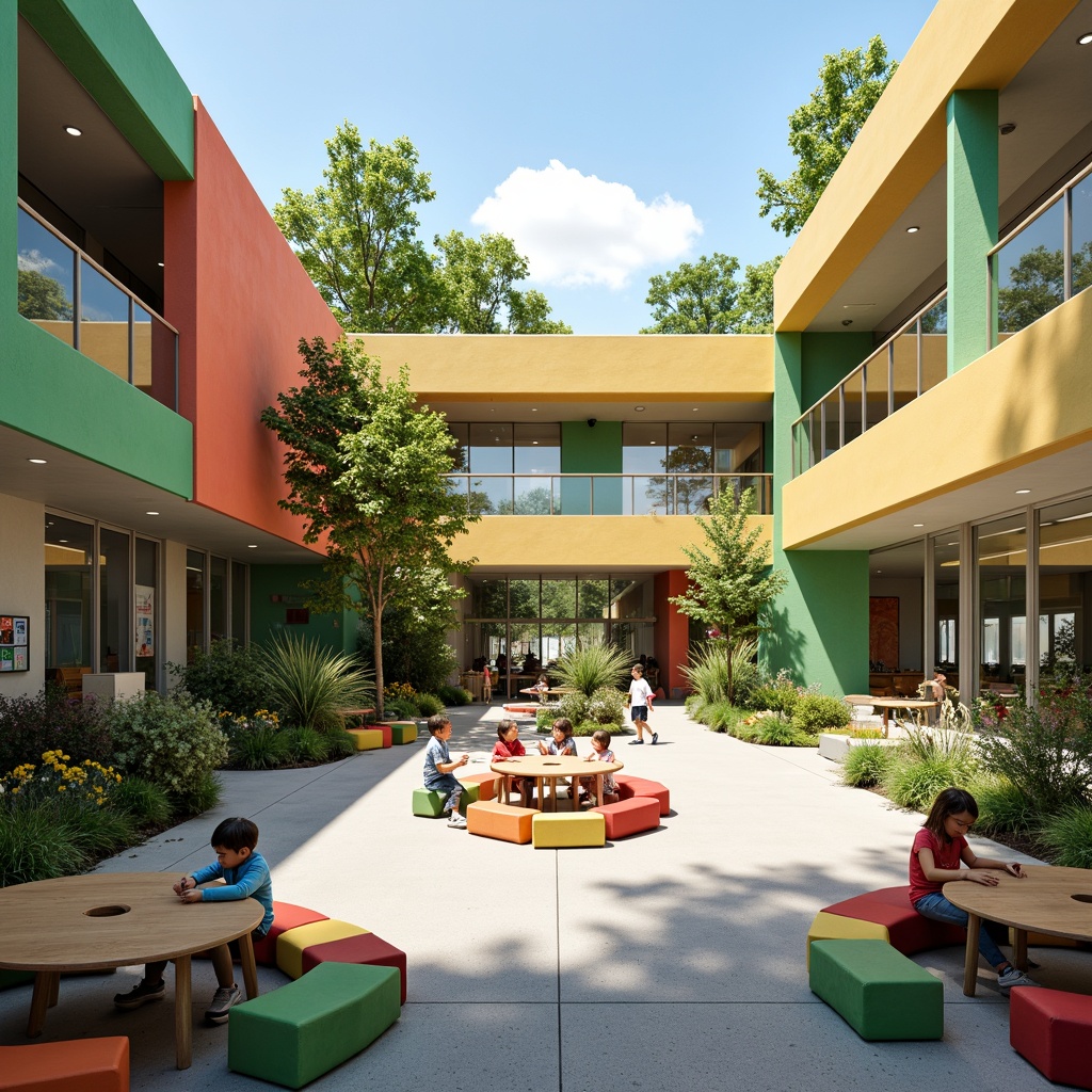 Prompt: Vibrant elementary school, open-air courtyard, playful Bauhaus architecture, bold color blocks, geometric shapes, minimalist furniture, natural light pouring in, large windows, sliding glass doors, green walls, living plants, educational murals, interactive displays, collaborative learning spaces, flexible seating areas, modern art pieces, industrial-style lighting fixtures, polished concrete floors, bright and airy atmosphere, shallow depth of field, 3/4 composition, panoramic view, realistic textures, ambient occlusion.