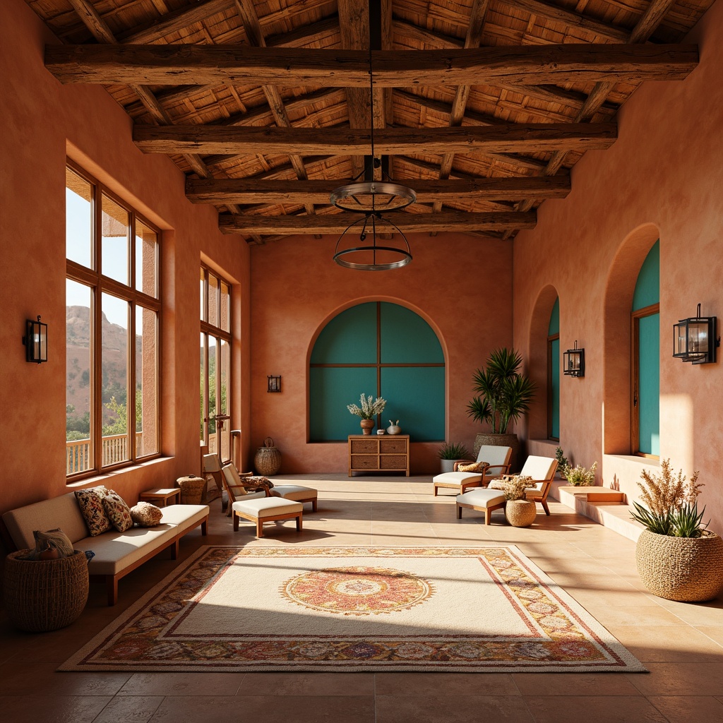 Prompt: Earthy amphitheater interior, warm terracotta walls, rustic wooden beams, vibrant turquoise accents, sandy beige floors, natural stone features, woven textiles, geometric patterned rugs, traditional southwestern motifs, warm golden lighting, soft shadowing, 1/2 composition, shallow depth of field, realistic textures, ambient occlusion.