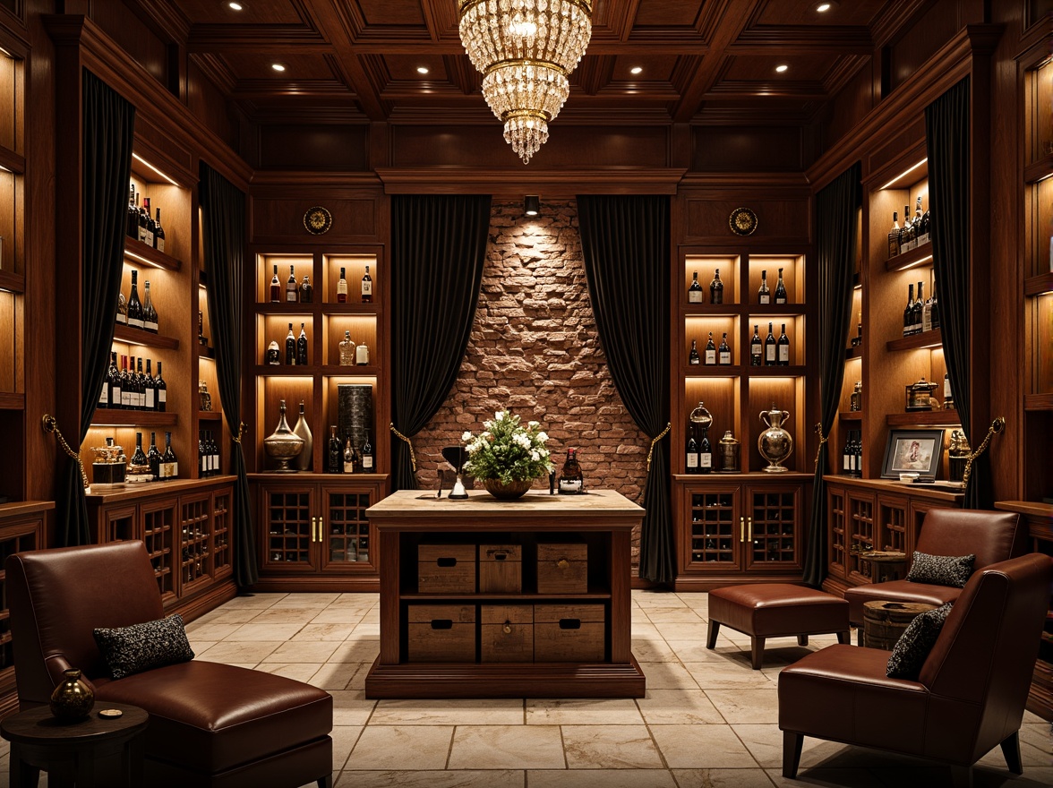 Prompt: Luxurious wine cellar, dark wood tones, rich leather upholstery, ornate metalwork, crystal chandeliers, dimmable LED lighting, temperature-controlled environment, humidifier systems, wooden wine crates, glass-enclosed wine racks, velvet drapes, stone flooring, rustic brick walls, ambient warm lighting, shallow depth of field, 1/1 composition, realistic wood textures, subtle wine bottle reflections.