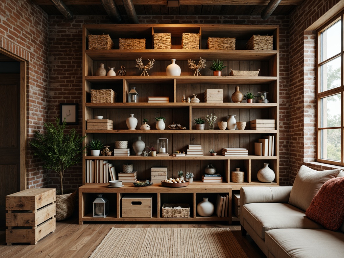 Prompt: Rustic wooden shelves, distressed finishes, earthy tones, natural textures, woven baskets, vintage metal lanterns, reclaimed wood accents, cozy throw blankets, artisanal craft supplies, exposed brick walls, wooden crates, industrial metal pipes, warm task lighting, shallow depth of field, 1/1 composition, realistic textures, ambient occlusion.