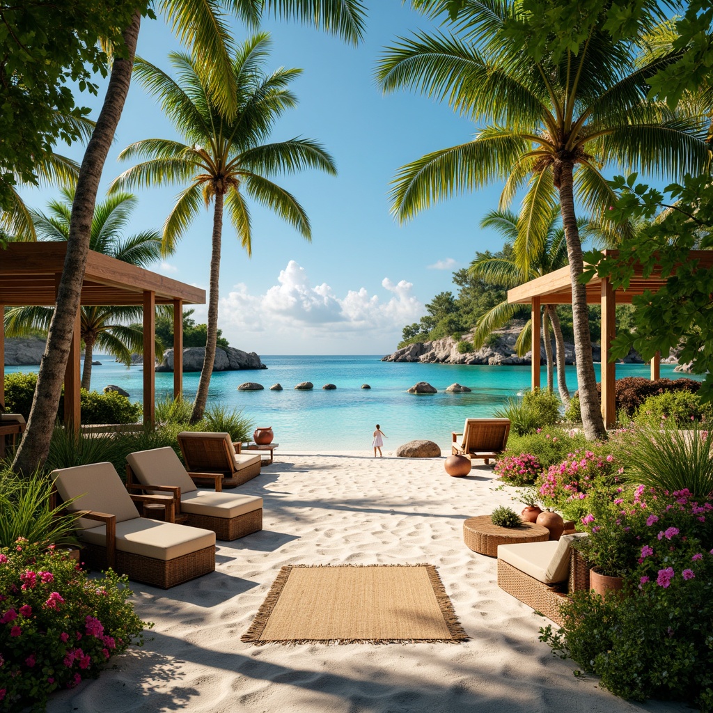 Prompt: Vibrant tropical landscape, lush green palms, exotic floral arrangements, warm sandy beaches, turquoise ocean waters, coral reefs, colorful tiki torches, wooden beach huts, rattan furniture, natural textiles, woven baskets, earthy terracotta pottery, bright sunny day, soft warm lighting, shallow depth of field, 3/4 composition, panoramic view, realistic textures, ambient occlusion.