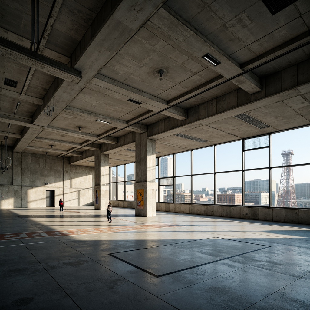 Prompt: Exposed concrete walls, industrial metal beams, raw brutalist architecture, vast open space, high ceilings, natural light pouring in, athletic track lanes, basketball courts, volleyball nets, sports equipment storage, minimal ornamentation, functional design, cold color palette, industrial-style lighting fixtures, polished concrete floors, brutalist-inspired furniture, urban landscape views, cityscape backdrop, dramatic shadows, high contrast lighting, cinematic composition, realistic textures.