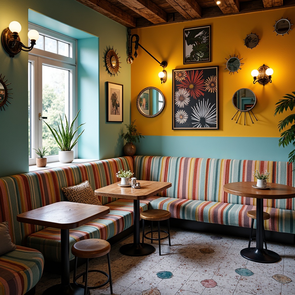 Prompt: Curved banquette seating, bold graphic patterns, bright pastel colors, rounded edges, eclectic mix of materials, industrial metal chairs, distressed wood accents, playful ceramic tiles, whimsical lighting fixtures, ornate decorative mirrors, chunky throw blankets, abstract artwork, warm ambient glow, cozy intimate atmosphere, 1/2 composition, shallow depth of field, realistic textures, soft focus effect.