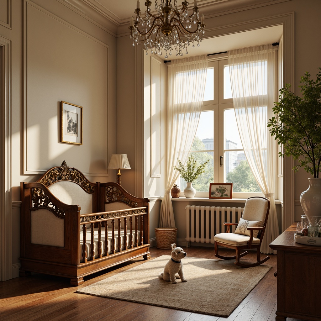 Prompt: Renaissance-inspired baby room, ornate wooden crib, intricately carved rocking chair, plush velvet upholstery, golden hardware, soft cream walls, rich walnut flooring, elegant crystal chandelier, delicate lace curtains, vintage-inspired toys, antique furniture pieces, warm beige rug, gentle natural light, subtle warm glow, shallow depth of field, 1/2 composition, realistic textures, ambient occlusion.