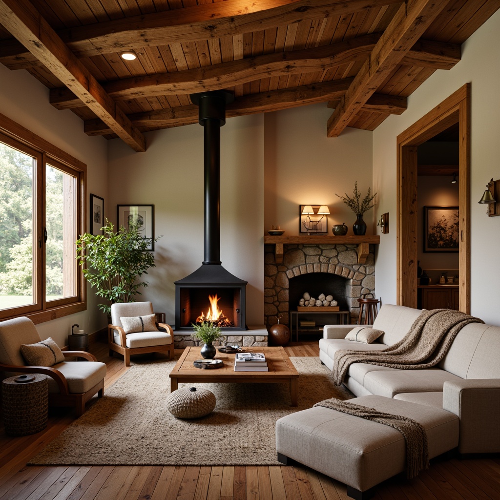 Prompt: Warm craftsman interior, earthy color palette, rich wood tones, natural stone textures, vintage furniture pieces, cozy fireplaces, rustic metal accents, warm beige walls, comfortable seating areas, plush throw blankets, soft warm lighting, 1/1 composition, shallow depth of field, realistic wood grain, ambient occlusion.