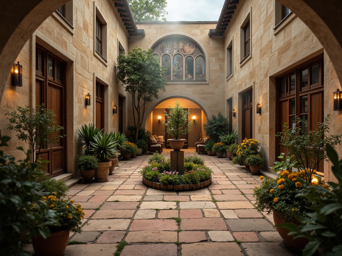 Prompt: Serenity-filled monastery courtyard, weathered stone walls, ornate wooden doors, stained glass windows, mystical frescoes, warm beige stucco, rustic terracotta tiles, lush greenery, vibrant flower arrangements, soft candlelight, atmospheric fog, misty dawn, gentle morning light, shallow depth of field, 1/2 composition, realistic textures, ambient occlusion, earthy tone color palette, muted terracotta reds, soft sienna oranges, creamy whites, mossy greens, aged wooden browns.