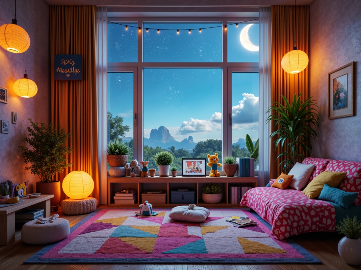 Prompt: Whimsical kids' room, vibrant color palette, playful lighting fixtures, string lights, lanterns, fairy lights, glowing accents, soft warm glow, cozy reading nook, plush toys, fantasy creatures, dreamy atmosphere, starry night sky, crescent moon, fluffy clouds, textured walls, colorful rug, expressive brushstrokes, bold lines, geometric shapes, creative freedom, imaginative play, 1/2 composition, soft focus, gentle bokeh.