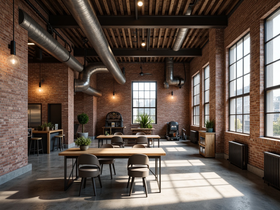 Prompt: Exposed brick walls, metal beams, reclaimed wood accents, industrial-style lighting fixtures, concrete floors, functional pipes and ducts, urban loft atmosphere, minimalist decor, distressed finishes, neutral color palette, steel windows, factory-inspired machinery, vintage manufacturing equipment, Edison bulbs, raw unfinished textures, gritty urban landscape, dramatic high ceilings, open floor plan, modern industrial chic aesthetic.