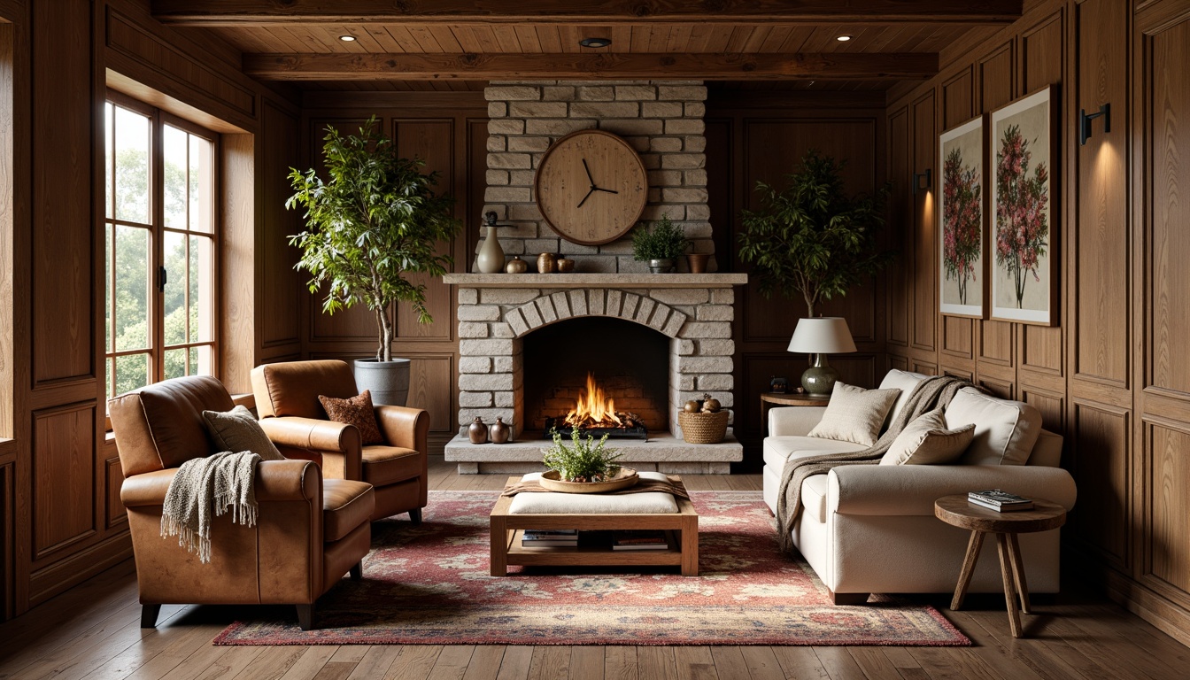 Prompt: Cozy living room, rich wood accents, plush furnishings, natural fabrics, earthy tones, woven baskets, vintage rugs, distressed leather armchairs, wooden coffee tables, stone fireplaces, warm soft lighting, comfortable seating areas, traditional craftsmanship, ornate wooden paneling, classic floral patterns, subtle texture overlays, 1/1 composition, inviting atmosphere, rustic charm.