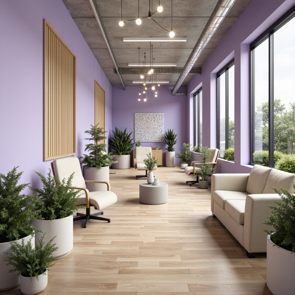 Prompt: Soft lavender walls, cream-colored furniture, pale silver accents, lush greenery, natural wood floors, elegant chandeliers, floor-to-ceiling windows, abundant natural light, comfortable ergonomic chairs, minimalist decor, subtle Wisteria-inspired patterns, calming atmosphere, professional corporate setting, modern office interior design, high ceilings, sleek lines, sophisticated ambiance, warm neutral tones, relaxing breakout spaces, collaborative work areas.