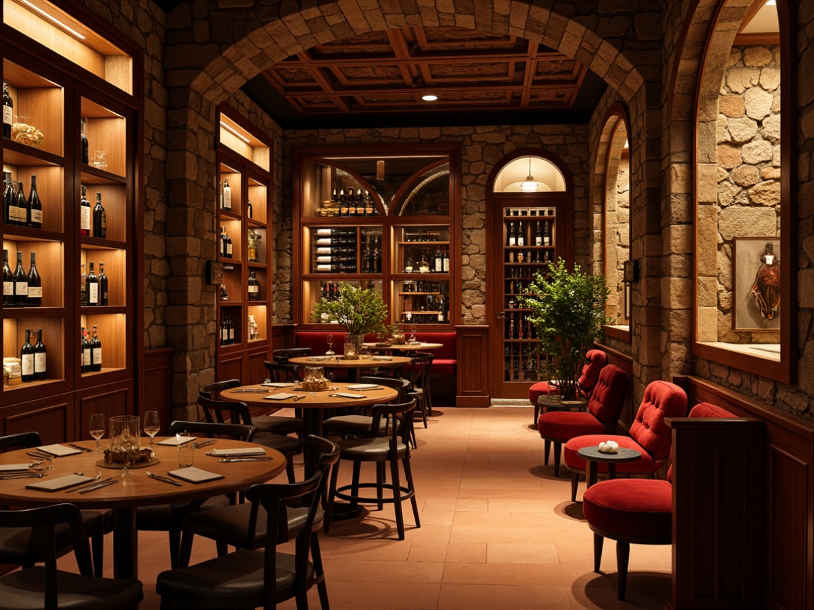 Prompt: Wine cellar interior, rich wood tones, dark stone walls, earthy terracotta floors, warm golden lighting, luxurious velvet fabrics, intricate wooden wine racks, glass-enclosed wine displays, rustic metal accents, ambient soft glow, shallow depth of field, 2/3 composition, realistic textures, subtle shadows.