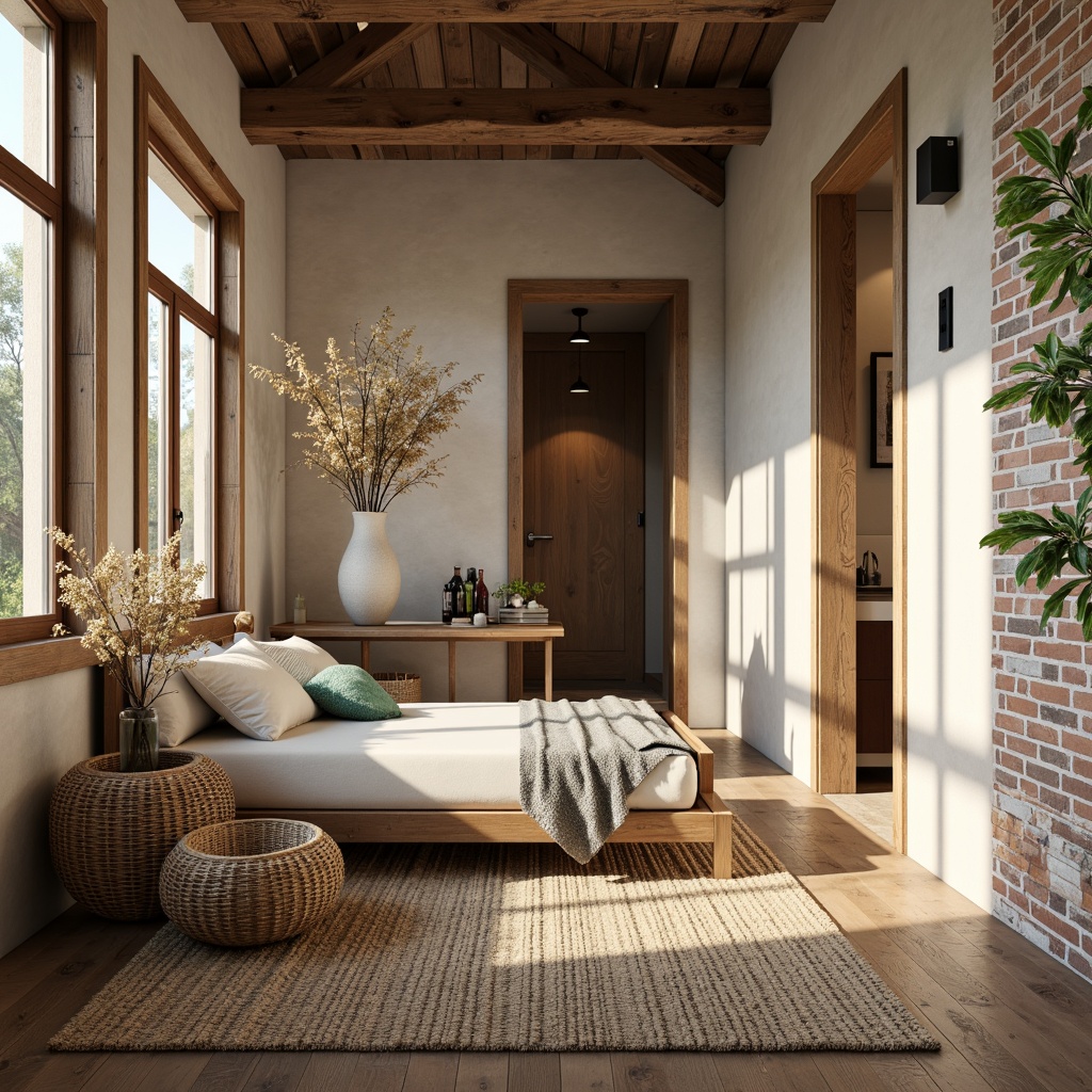 Prompt: Rustic farmhouse, wooden accents, distressed finishes, vintage decor, natural textures, woven baskets, earthy tones, creamy whites, warm beige, soft sage greens, exposed brick walls, reclaimed wood floors, industrial metal beams, sleek streamline profiles, minimal ornamentation, functional simplicity, cozy nooks, plush throw blankets, warm golden lighting, shallow depth of field, 1/1 composition, realistic renderings, ambient occlusion.