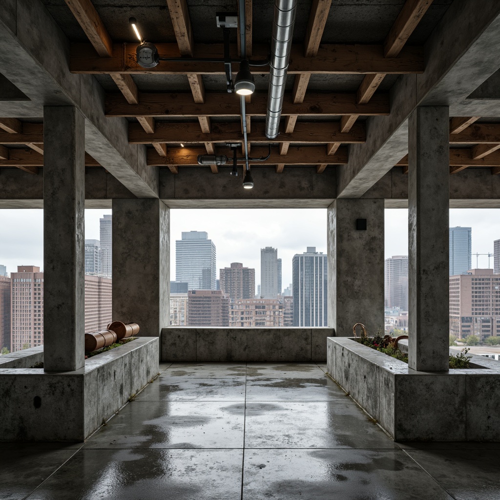 Prompt: Exposure concrete walls, industrial metal beams, distressed wooden accents, reclaimed machinery parts, urban cityscape views, gritty textures, atmospheric lighting, shallow depth of field, 2/3 composition, cinematic mood, rough-hewn stone foundations, weathered steel columns, minimalist decor, functional pipes, exposed ductwork, polished concrete floors, Brutalist architecture, monochromatic color scheme, overcast skies, dramatic shadows.