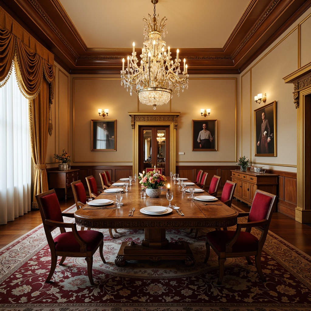 Prompt: Richly ornamented dining table, luxurious velvet upholstery, intricately carved wooden chairs, elegant crystal chandeliers, classic crown molding, warm beige wallpaper, opulent curtains with golden tassels, refined antique decorations, spacious formal layout, sophisticated ambient lighting, shallow depth of field, 1/1 composition, realistic textures, soft focus effect.