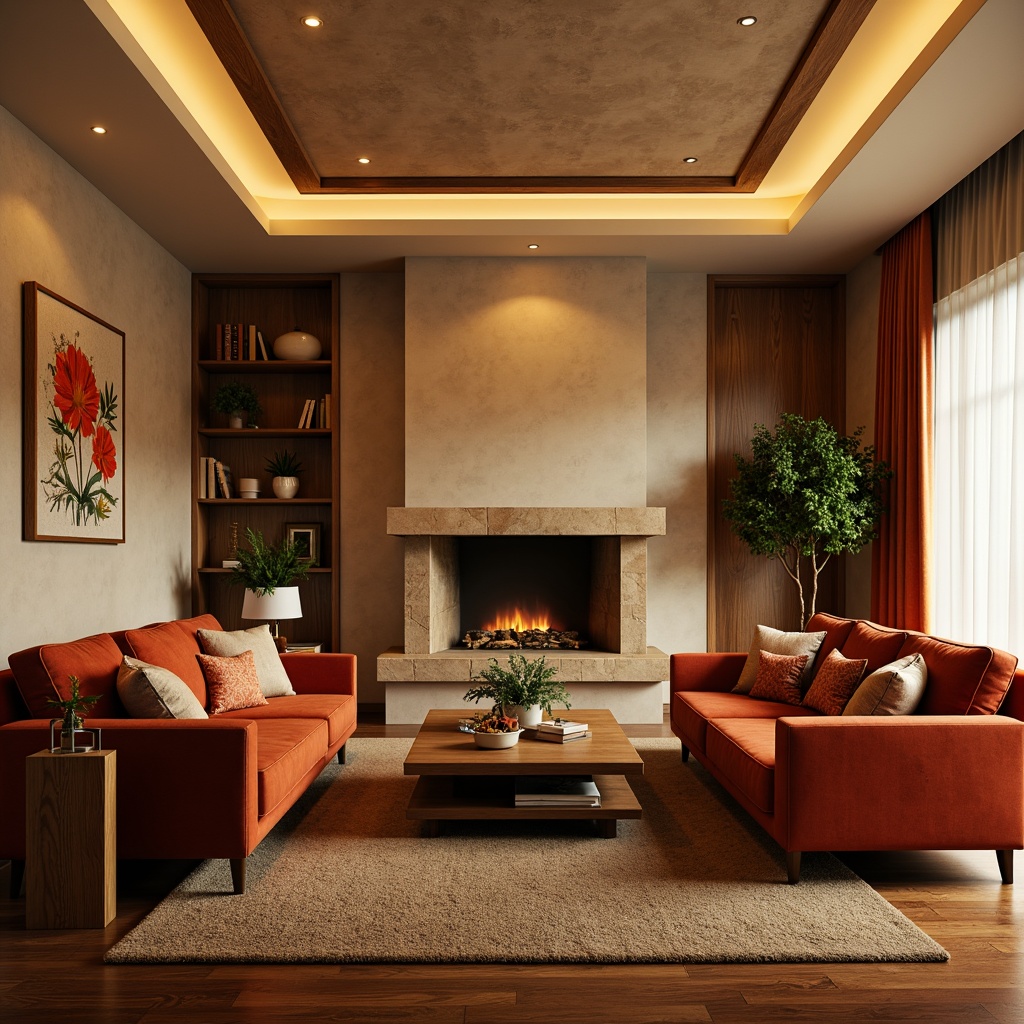 Prompt: Cozy family room, warm beige walls, rich wood furniture, plush velvet sofas, soft golden lighting, natural stone fireplace, comfortable cushions, vibrant colorful throw pillows, textured rugs, minimalist decor, calm atmosphere, relaxing ambiance, shallow depth of field, 3/4 composition, realistic textures, ambient occlusion.