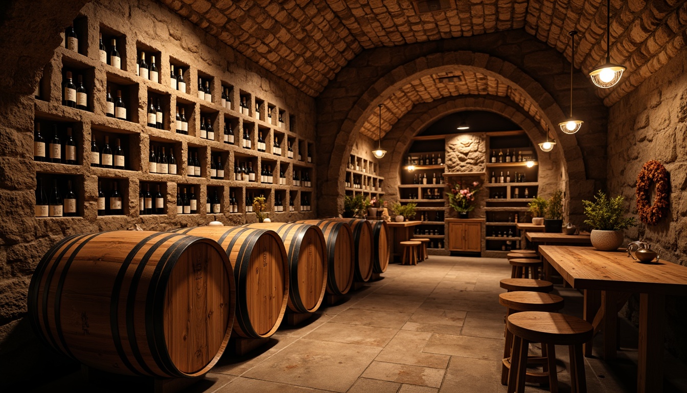 Prompt: Rustic wine cellar, earthy stone walls, wooden barrel racks, dim warm lighting, rich wood accents, vintage wine bottles, intricate stonework, natural rock formations, aged brick arches, cozy intimate atmosphere, soft warm glow, shallow depth of field, 1/1 composition, realistic textures, ambient occlusion.