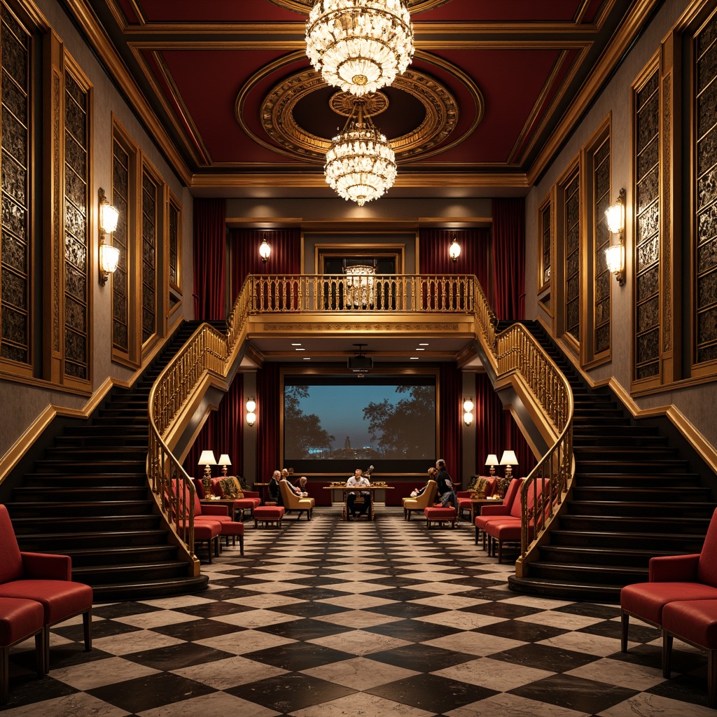 Prompt: Luxurious cinema interior, ornate details, metallic accents, polished chrome, glossy black marble, rich velvet curtains, dramatic staircases, geometric patterns, intricate moldings, gilded frames, lavish chandeliers, soft warm lighting, cinematic ambiance, 1920s Art Deco style, opulent furnishings, bold color schemes, glamorous seating areas, grandiose scales, symmetrical compositions, high-contrast ratios, shallow depth of field, cinematic lenses.