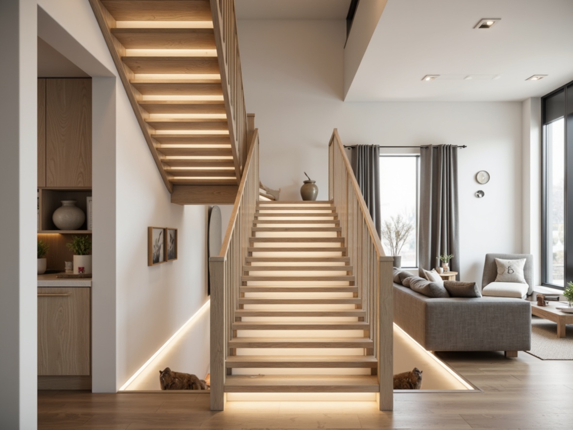 Prompt: Minimalist Scandinavian staircase, light-colored wood treads, sleek metal railings, industrial-style lighting fixtures, warm soft glow, LED strip lights, hidden luminescent details, cozy atmosphere, natural textures, wooden accents, creamy whites, pale grays, subtle shadows, high ceilings, open-plan living areas, floor-to-ceiling windows, Nordic-inspired design elements, monochromatic color scheme, dramatic vertical lines, airy sense of space, warm ambient lighting, 1/2 composition, shallow depth of field.