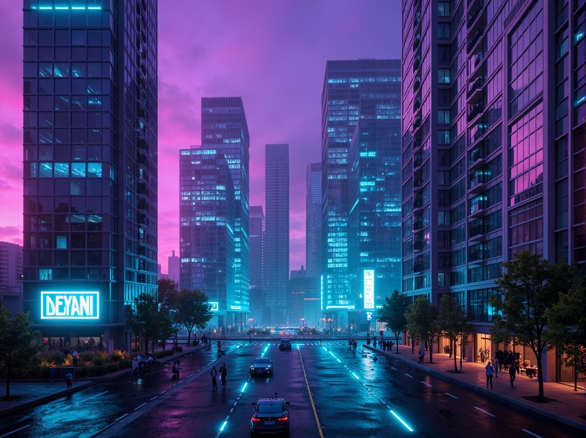 Prompt: Neon-lit cityscape, futuristic skyscrapers, metallic surfaces, iridescent hues, electric blue accents, vibrant purple tones, neon green lights, cyberpunk atmosphere, high-tech gadgets, sleek interfaces, holographic displays, 3D projections, virtual reality environments, minimalist typography, bold geometric shapes, luminescent materials, glowing neon lines, atmospheric fog, soft focus blur, cinematic lighting, shallow depth of field, 2/3 composition, dramatic contrast.