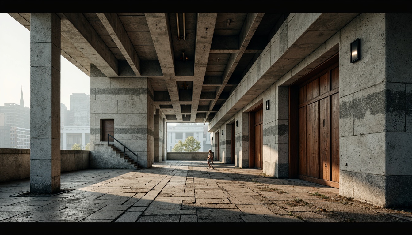 Prompt: Rough-hewn concrete walls, exposed ductwork, brutalist fa\u00e7ade, rugged stone floors, industrial metal doors, distressed wood accents, bold geometric shapes, raw unfinished surfaces, dramatic natural light, intense shadows, monumental scale, urban cityscape, overcast sky, heavy fog atmosphere, low-key warm lighting, cinematic composition, high-contrast textures, intricate architectural details.