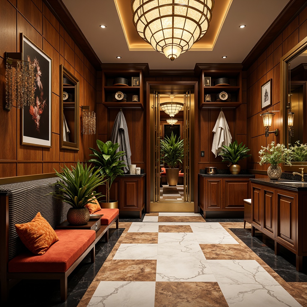 Prompt: Luxurious Art Deco mudroom, rich wood tones, ornate metalwork, polished chrome accents, geometric patterns, bold color schemes, opulent textiles, velvet upholstered benches, marble flooring, metallic wallpaper, glamorous lighting fixtures, crystal chandeliers, lavish mirrors, elegant storage cabinets, sophisticated shelving units, exotic plant arrangements, dramatic drapery, high-contrast color palette, 1/2 composition, warm soft focus, atmospheric lighting.